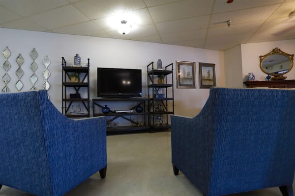 Cozy common area with blue chairs and TV