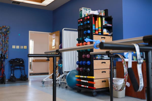 Interior of a rehabilitation space with exercise equipment