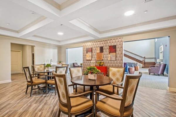 Bright and welcoming common area with seating and decor