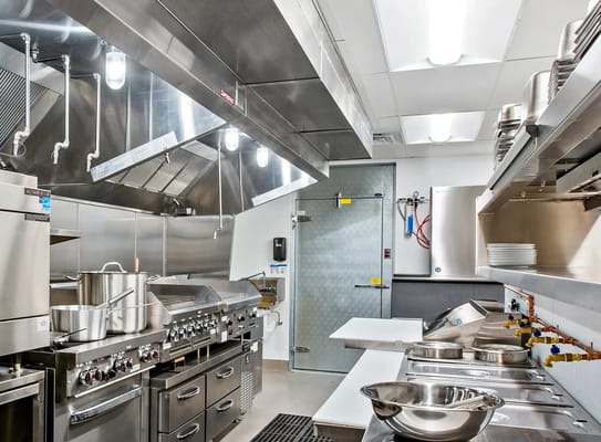 Well-equipped commercial kitchen in a senior living facility
