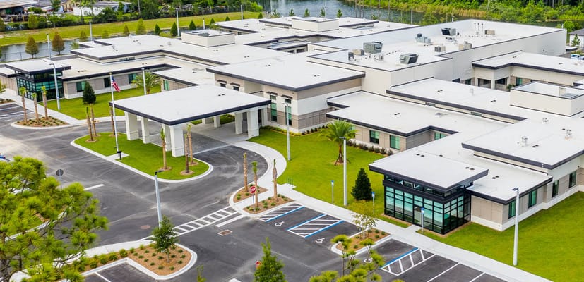 Aerial view of the River City Center facility and surroundings