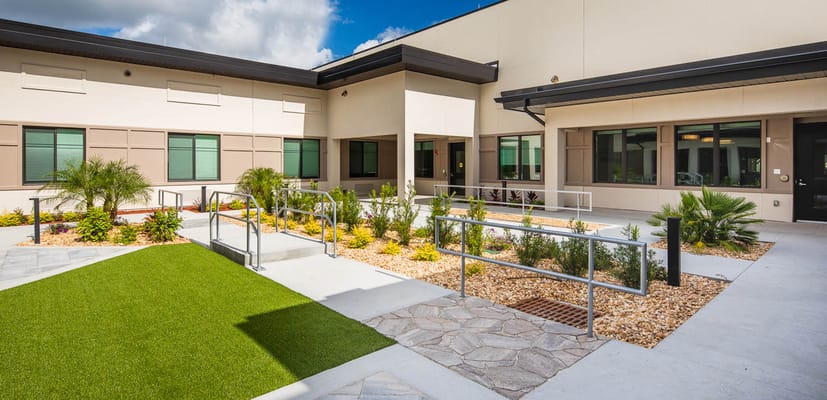 Outdoor space with gardens and accessible pathways