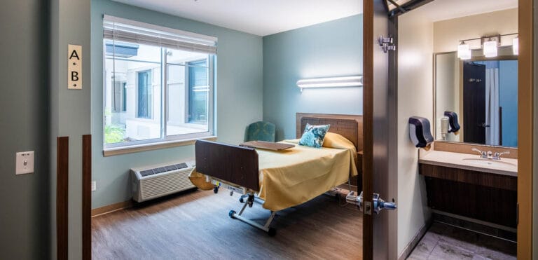 Private resident room with assisted living features