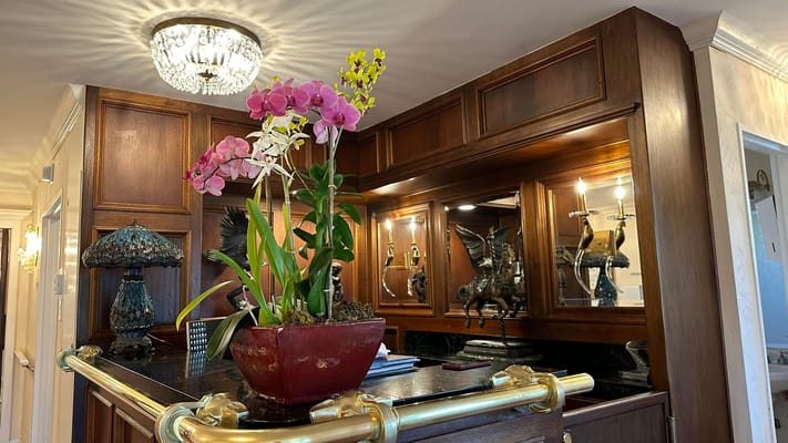 Decorative interior with orchids and a chandelier