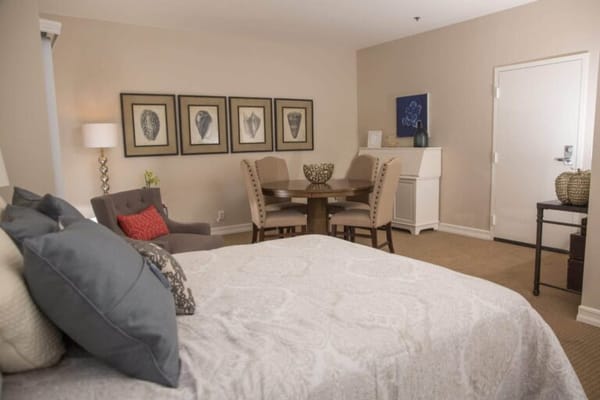 Cozy living room setup in a resident's suite