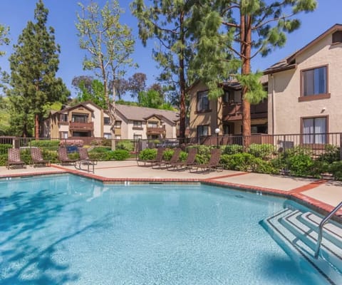 Swimming pool area surrounded by landscaped gardens
