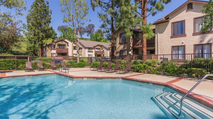 Outdoor pool area with lounge chairs and landscaping