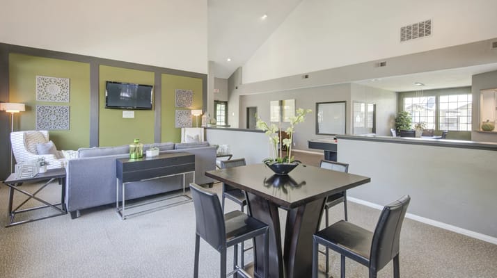 Interior view of a welcoming common area with seating