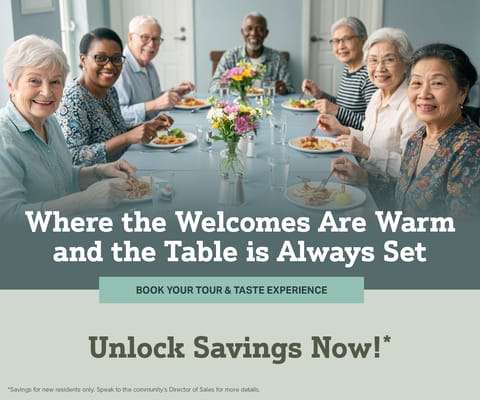 Residents enjoying a meal together in the dining room
