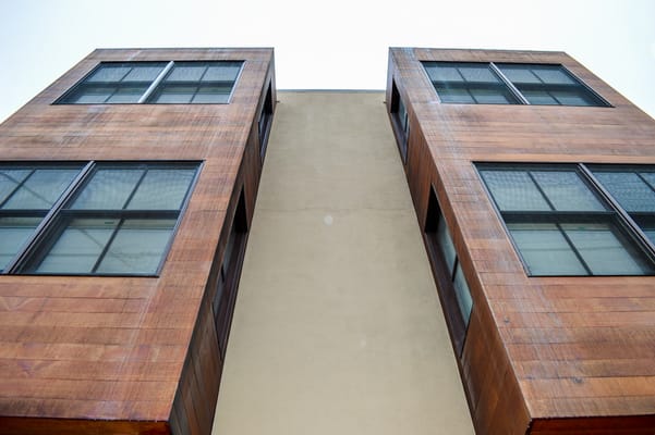 Low-angle view of a modern building facade