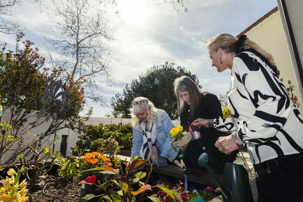 Residents gardening in a colorful outdoor space