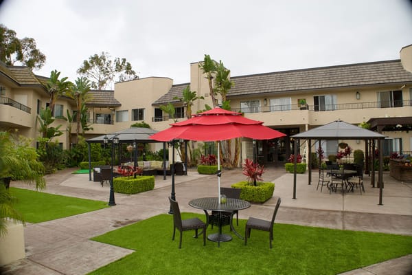 Outdoor seating area with red umbrellas and greenery