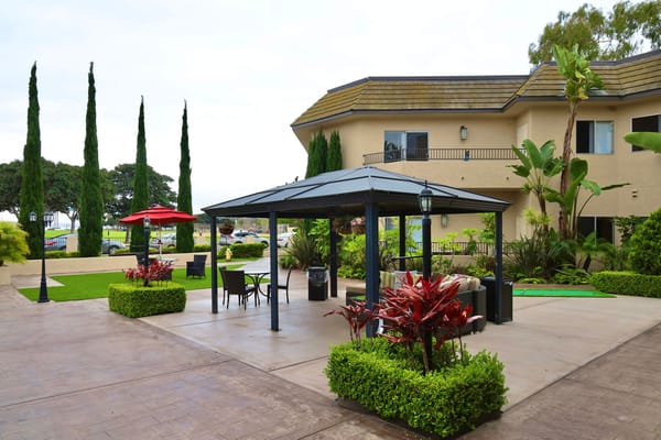 Outdoor seating area with canopy and landscaping