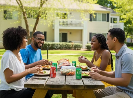 Residents enjoying a meal outdoors at a picnic table