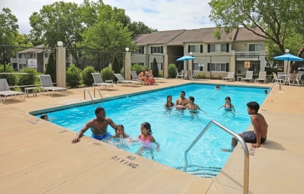 Residents enjoying a sunny day by the pool