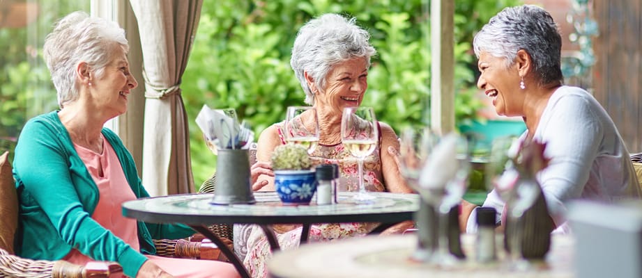Three elderly women enjoying conversation outdoors