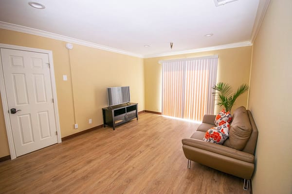 Bright and simple living room with a sofa and TV