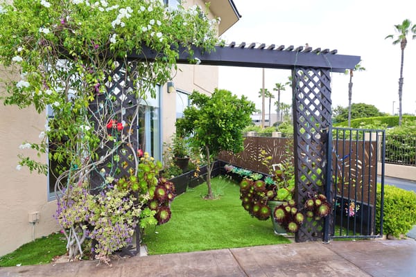 Beautifully landscaped entrance to an assisted living facility