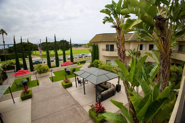 Outdoor space with seating and landscaping