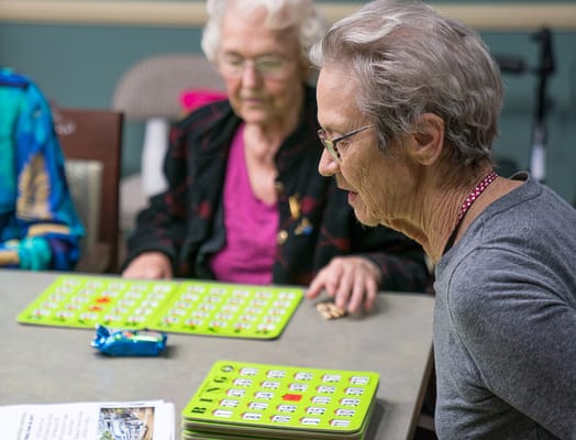 Residents playing bingo in an activity room