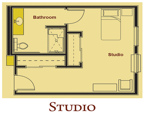 Architectural floor plan of a studio apartment