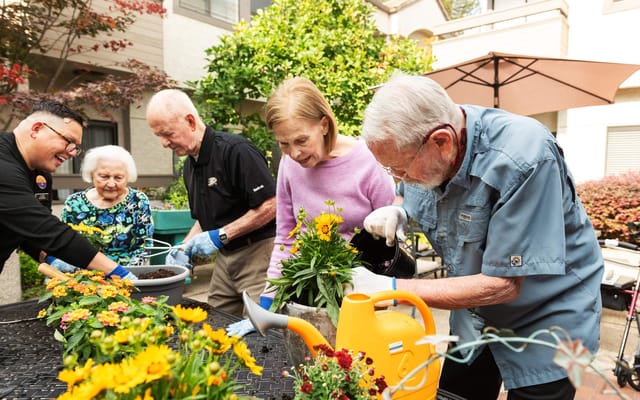 Residents gardening together in an outdoor space