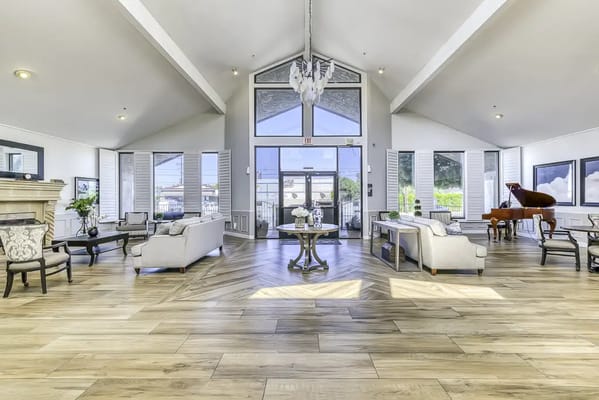 Bright and spacious common area with seating