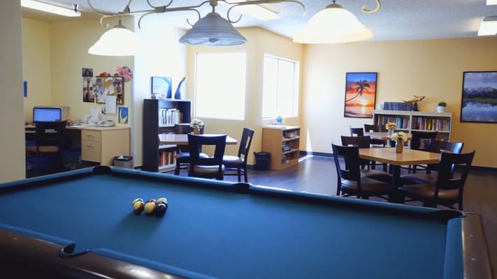 Interior of a recreational area with a pool table