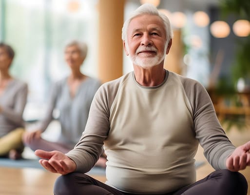 An elderly man meditating in a bright activity room