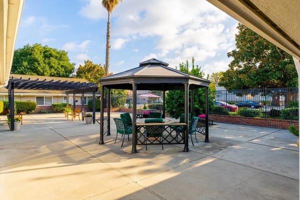 Outdoor seating area with gazebo and tables