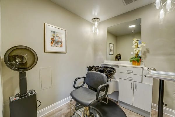 Hair salon area with styling chair and hairdryer