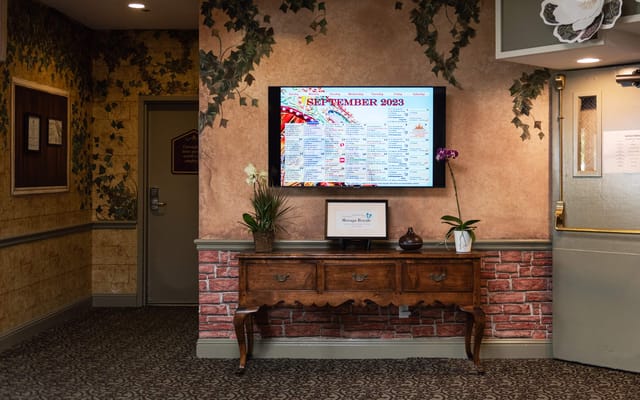 Interior view of a common area with information display
