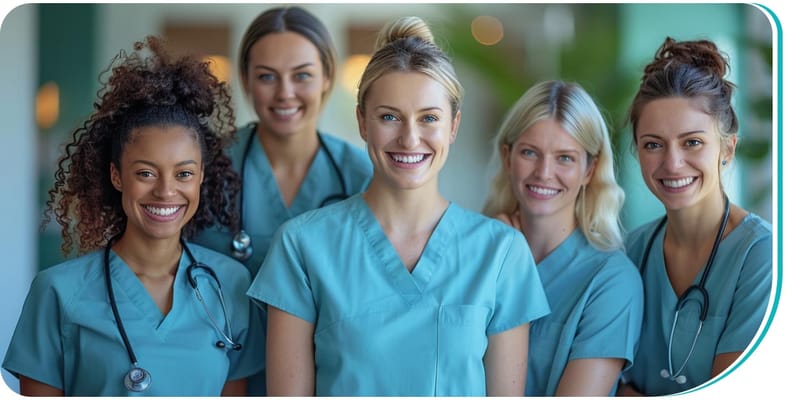 Smiling staff members in scrubs at a care facility