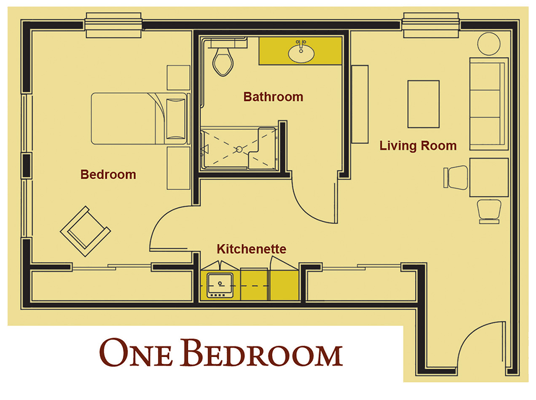 Floor plan of a one-bedroom unit