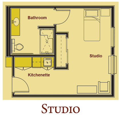 Architectural floor plan of a studio unit