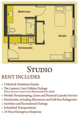 Floor plan of a studio apartment with kitchenette and bathroom