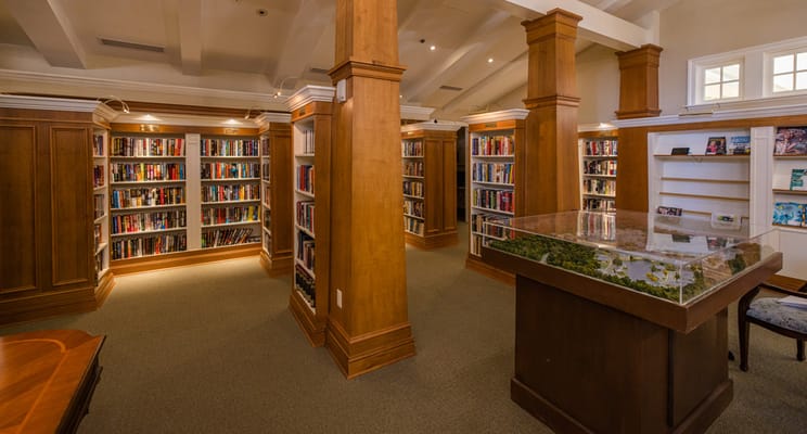 Interior view of a library with bookshelves