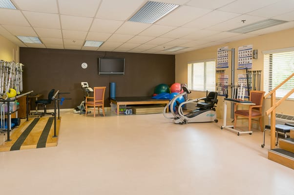 Rehabilitation gym with exercise equipment and therapy space