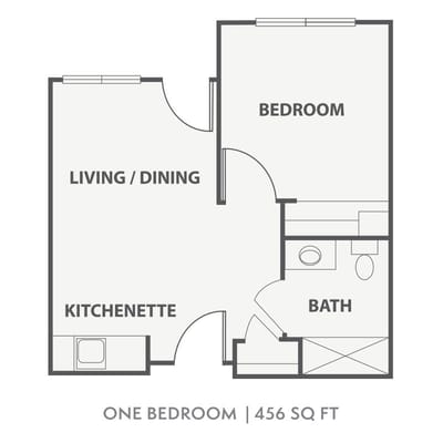 Architectural floor plan of a one-bedroom unit