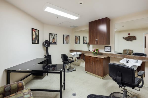 Interior view of a salon area with chairs and mirrors