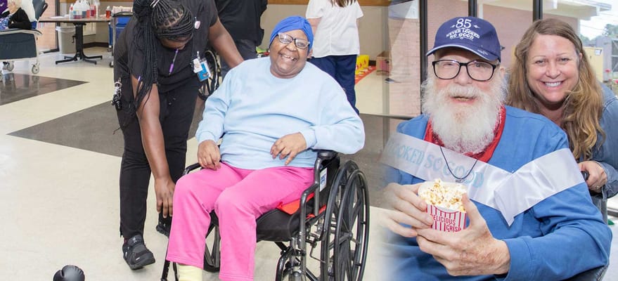 Residents enjoying activities and popcorn in a common area