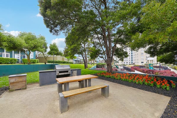 Outdoor BBQ area with picnic table and trees