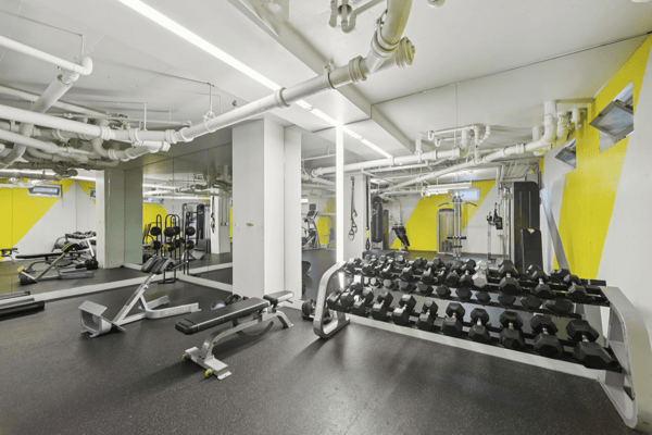 Well-equipped gym with weights and fitness machines