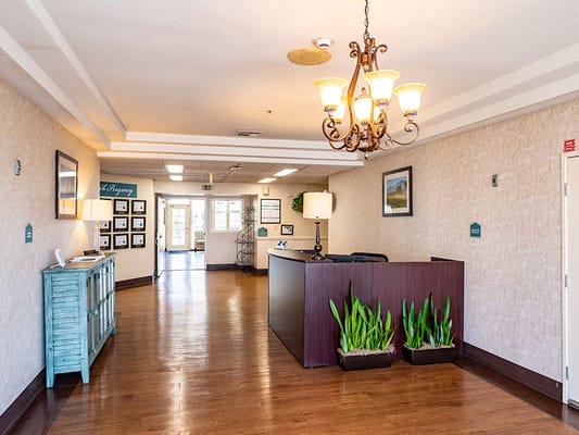 Lobby area with reception desk and seating