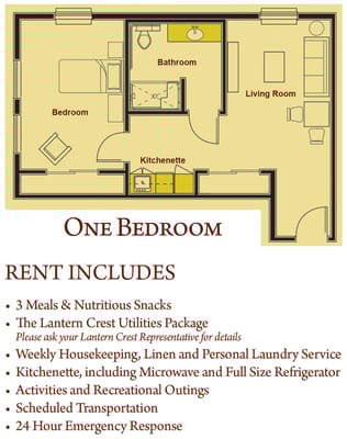 Floor plan of a one-bedroom unit with labeled rooms