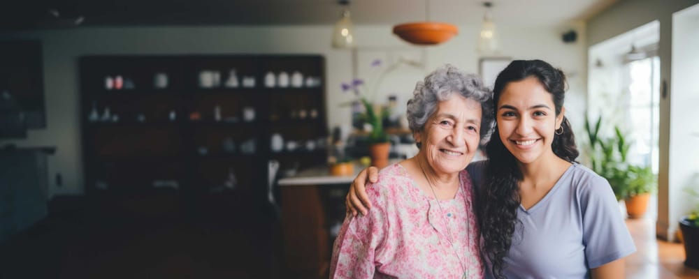 Smiling caregiver and resident in a cozy common area