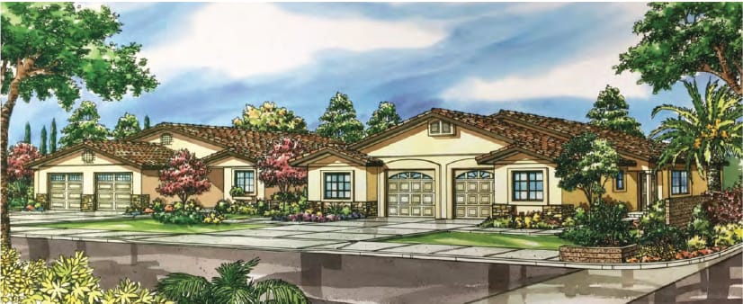 Rendering of senior living bungalows in a landscaped setting