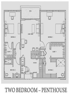Architectural floor plan of a two-bedroom penthouse
