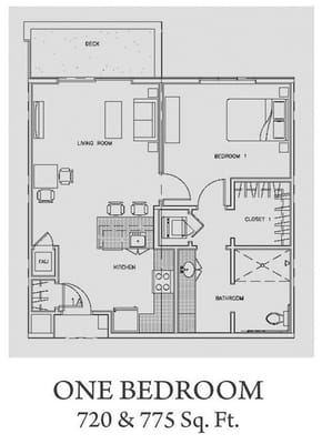 Architectural floor plan of a one-bedroom unit