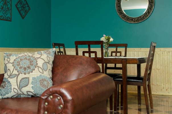 Comfortable seating in a common area with a table